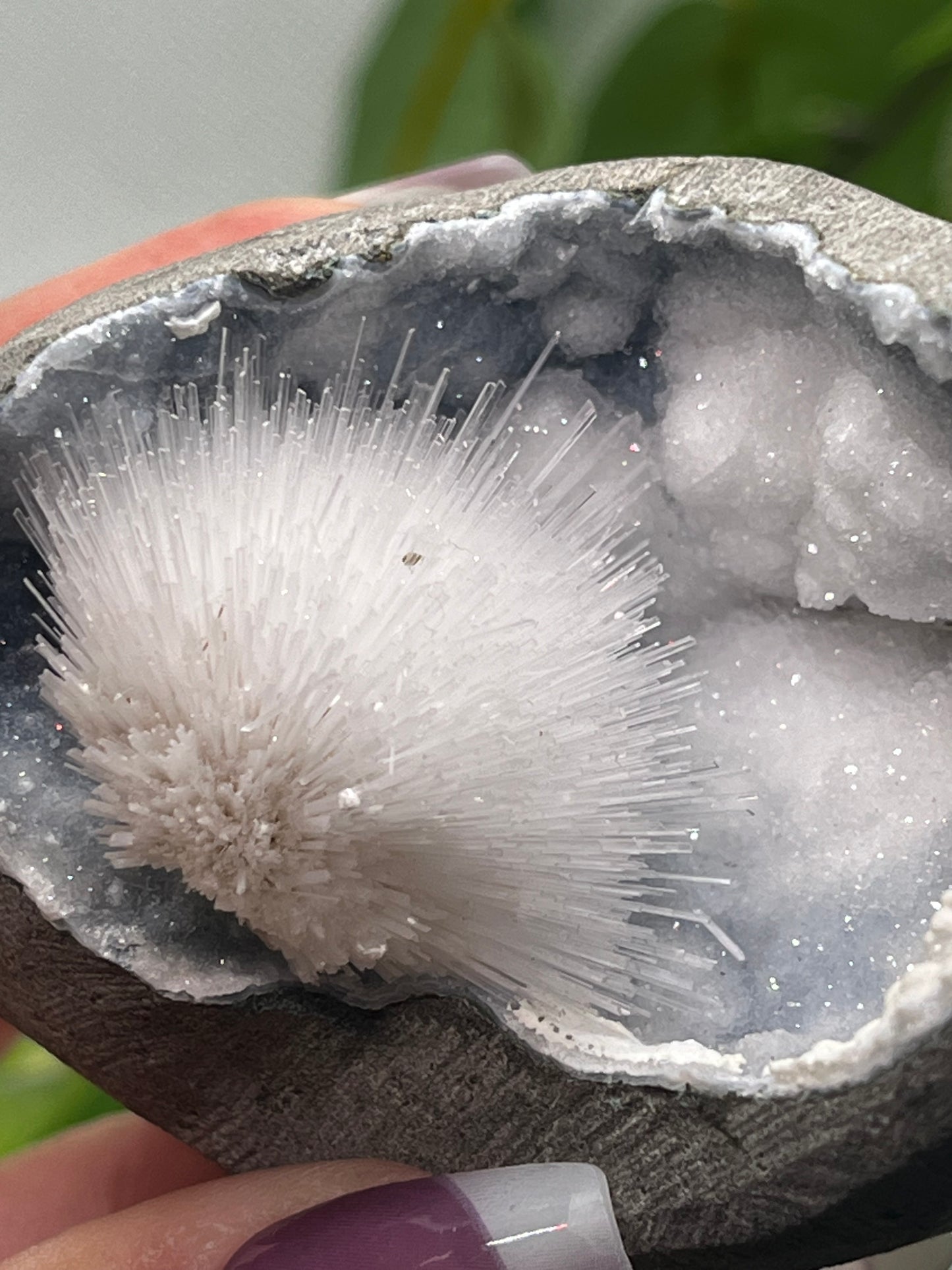 Scolecite geode on blue chalcedony U