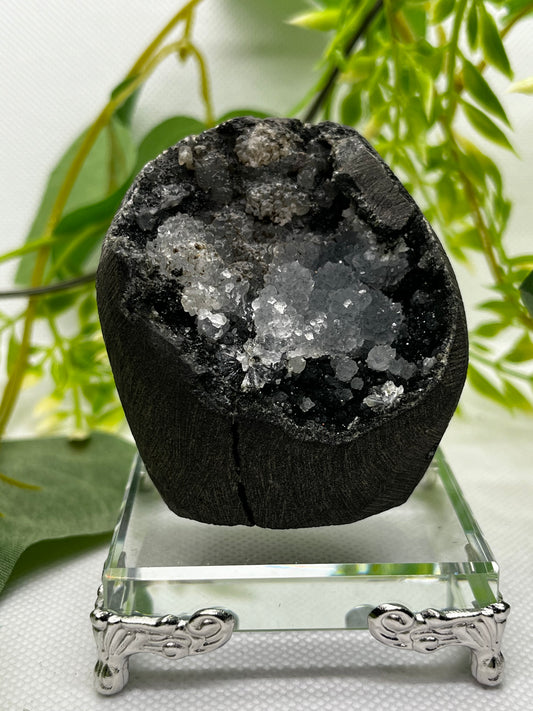 Calcite on black chalcedony geode B